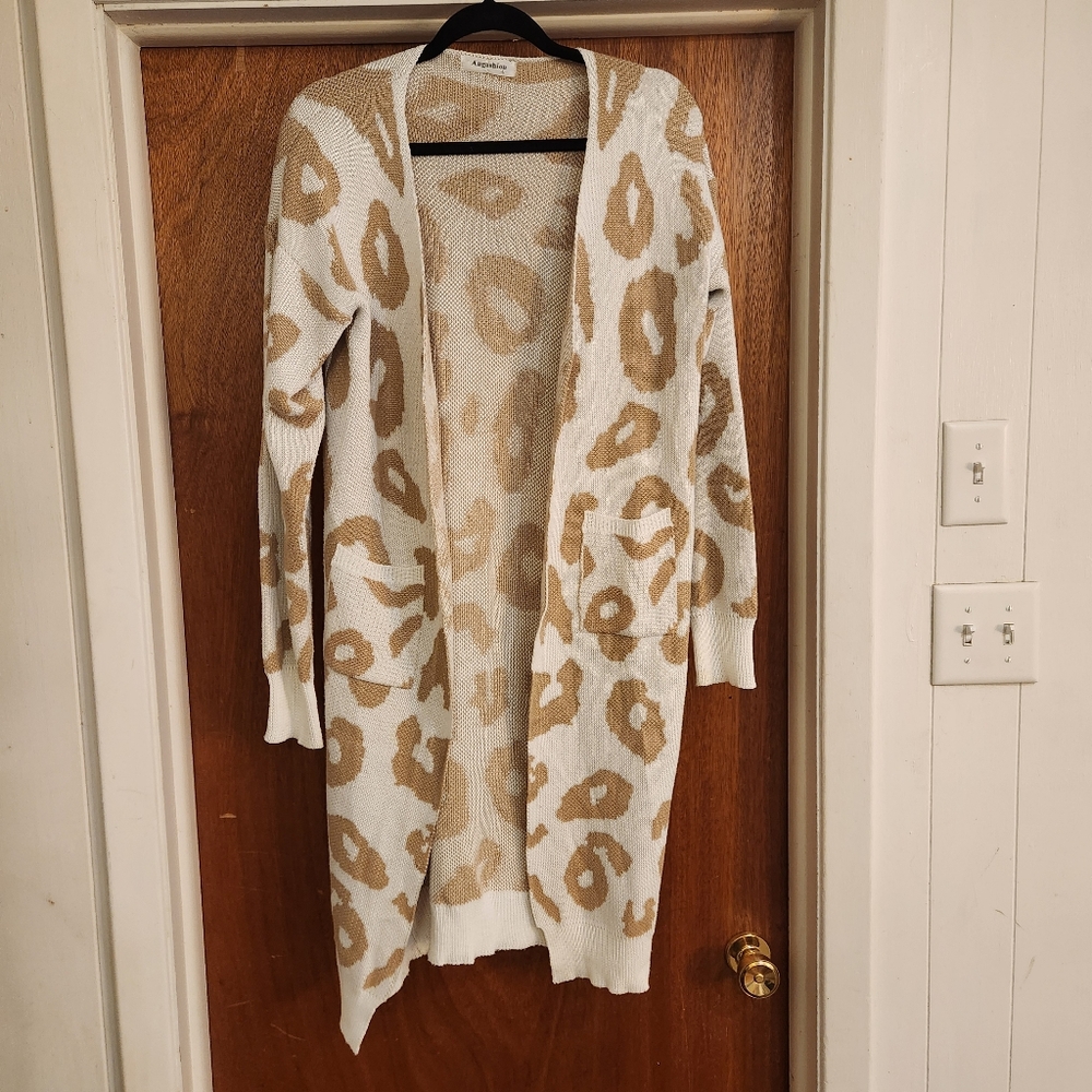 Angashion Leopard Print Open Front Duster Cardigan L Boho Cottagecore Cozy Chic
